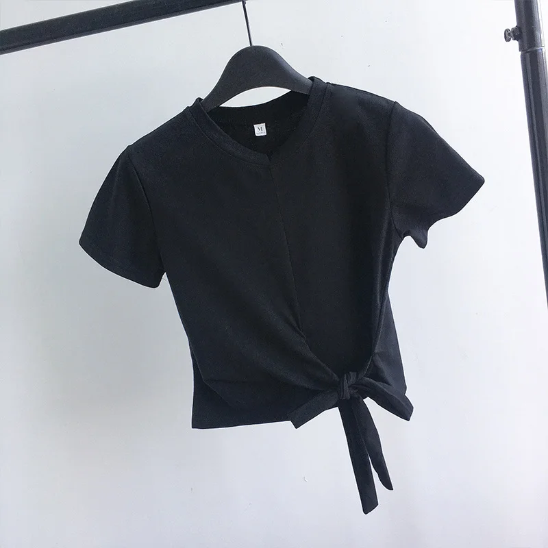 Uveng Uveng Solid Color T-Shirt Female 2024 Summer Wear Korean Version Of The Strap Careful Machine Exposed Umbilical Students Short Sleeve Shirt Repair Body