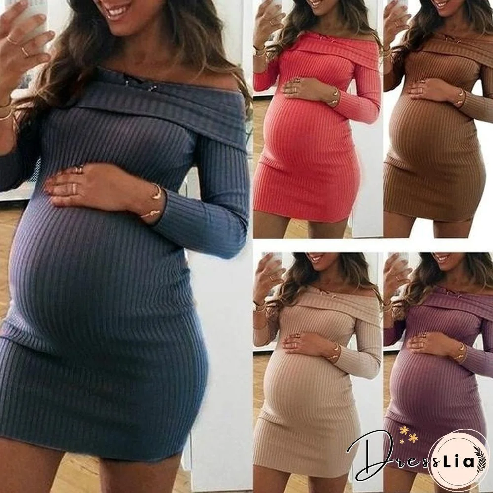 Women's Fashion Long Sleeve Off Shoulder Knitted Sweater Maternity Dress Pregnant Women Dress Maternity Clothes