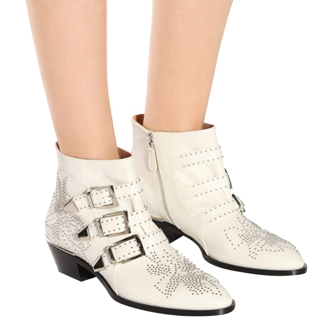 Women's Rivets Metal Buckle Low Heels Ankle Boots-vocosishoes