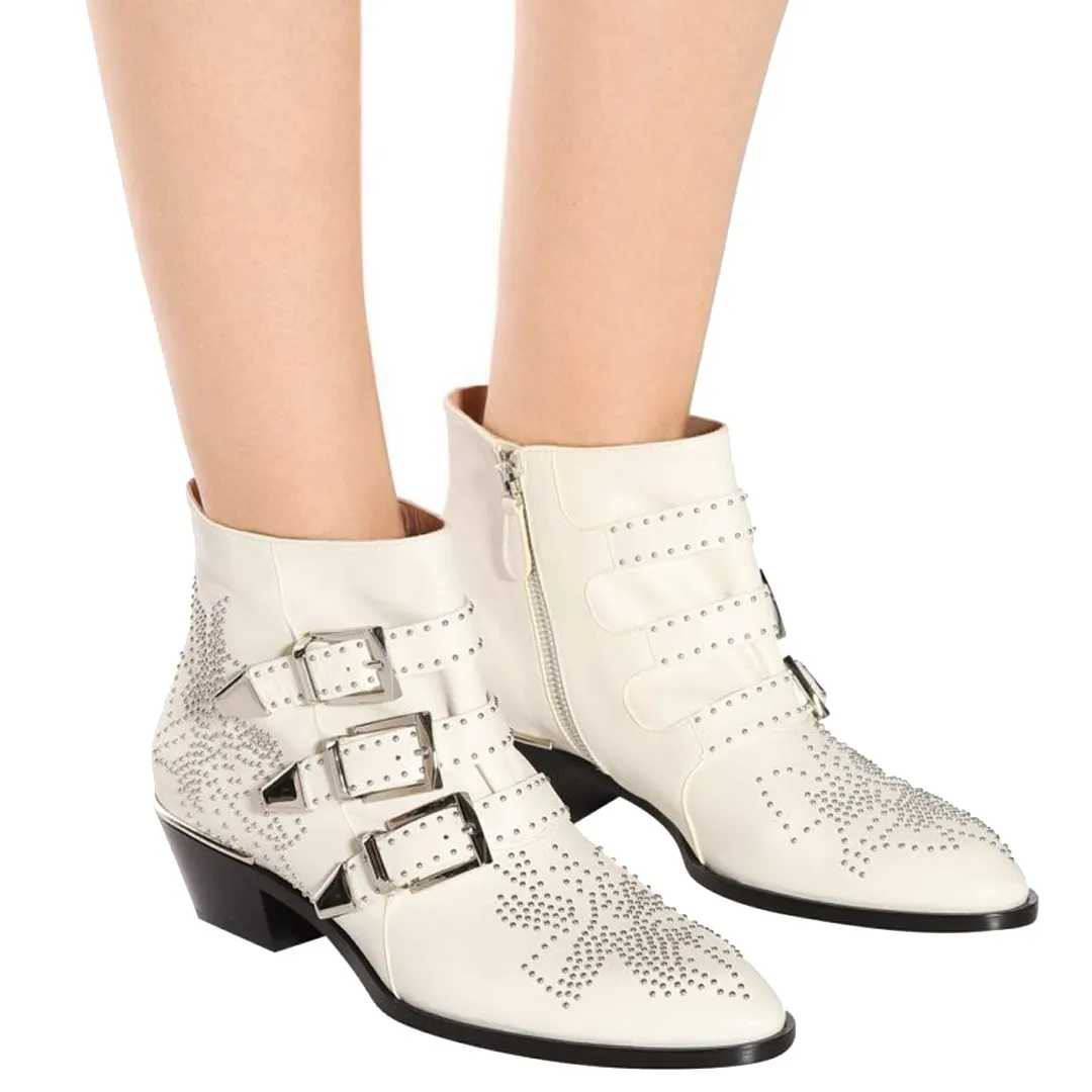 Women's Rivets Metal Buckle Low Heels Ankle Boots-vocosishoes