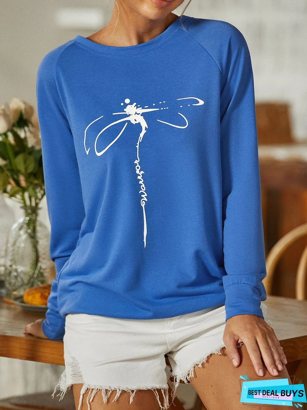Long Sleeve Dragonfly Printed Sweatshirt