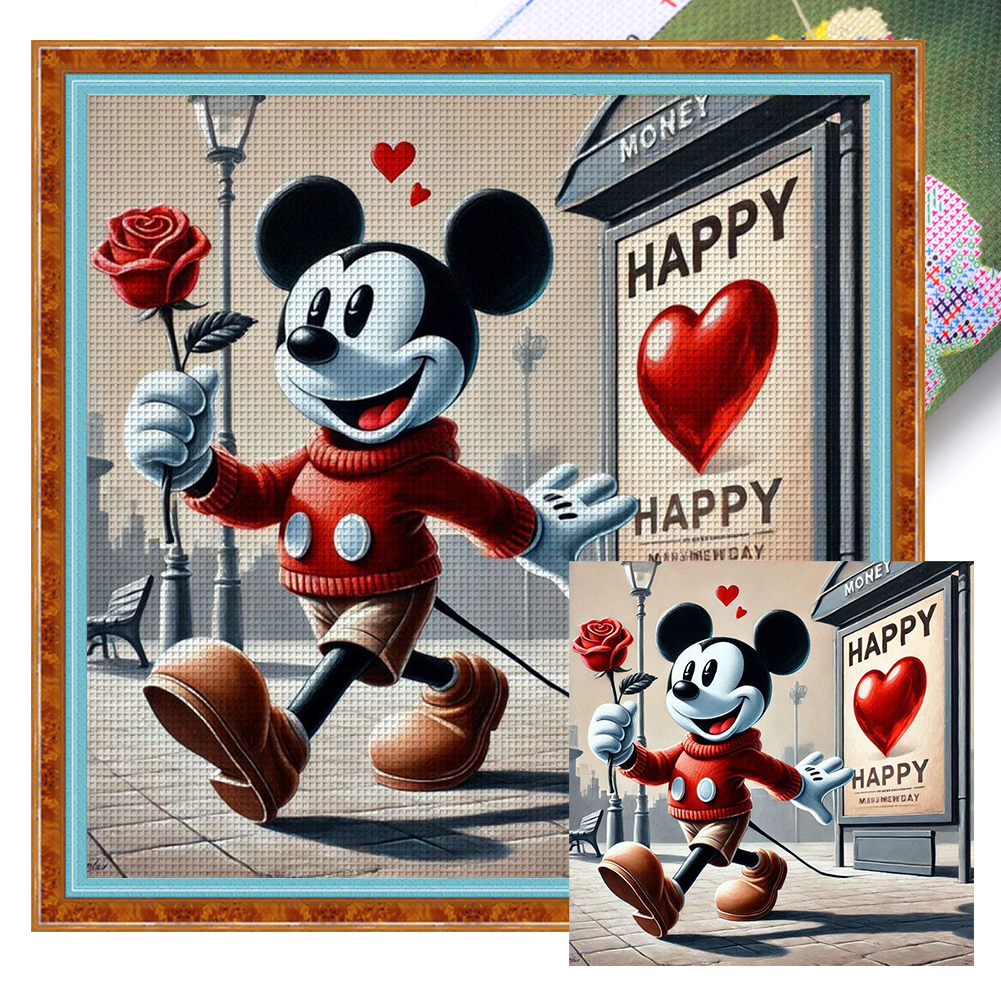 Mickey Holding A Rose Full 11CT Pre-stamped Canvas(45*45cm) Cross Stitch