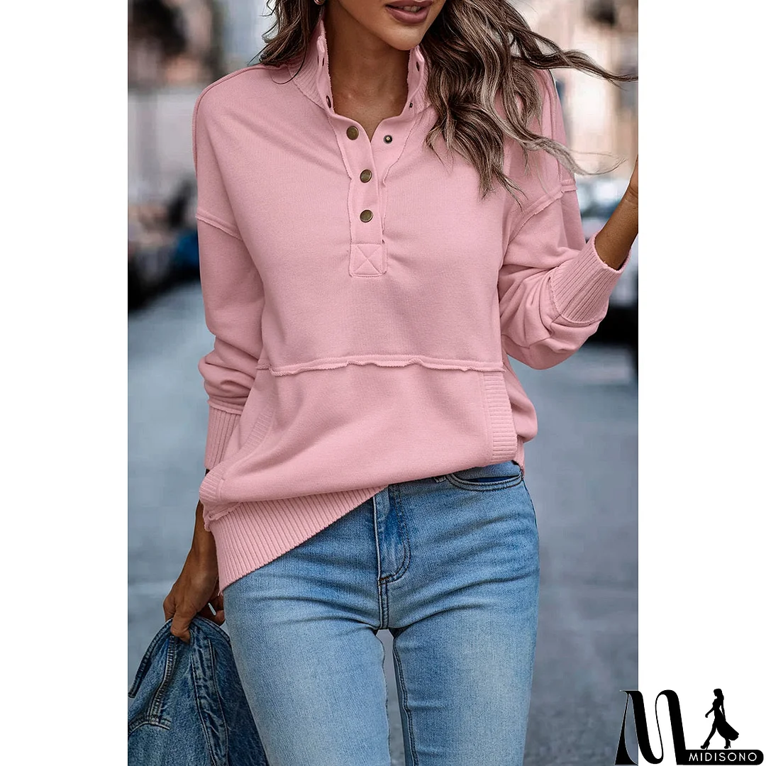 MidiSono - Chic Collared Block Button-Up Sweater