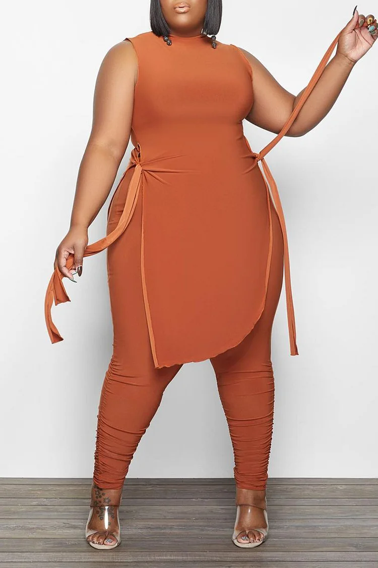 Plus Size Orange Casual Straps Sleeveless Irregular Hem Fold Two Pieces Pants Set