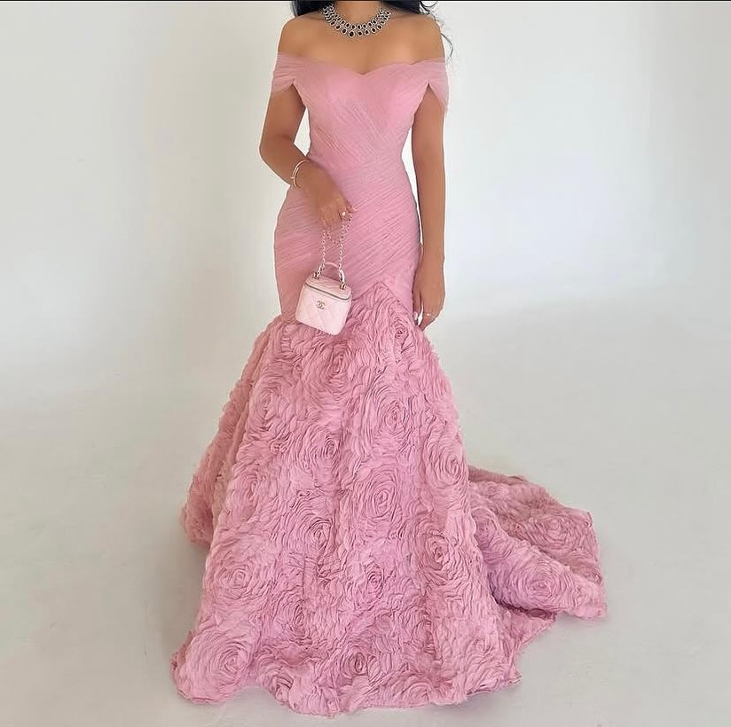 Ovlias Fashion Pink Off-Shoulders Sweetheart Prom Dress Pleated with Flower JQ0083