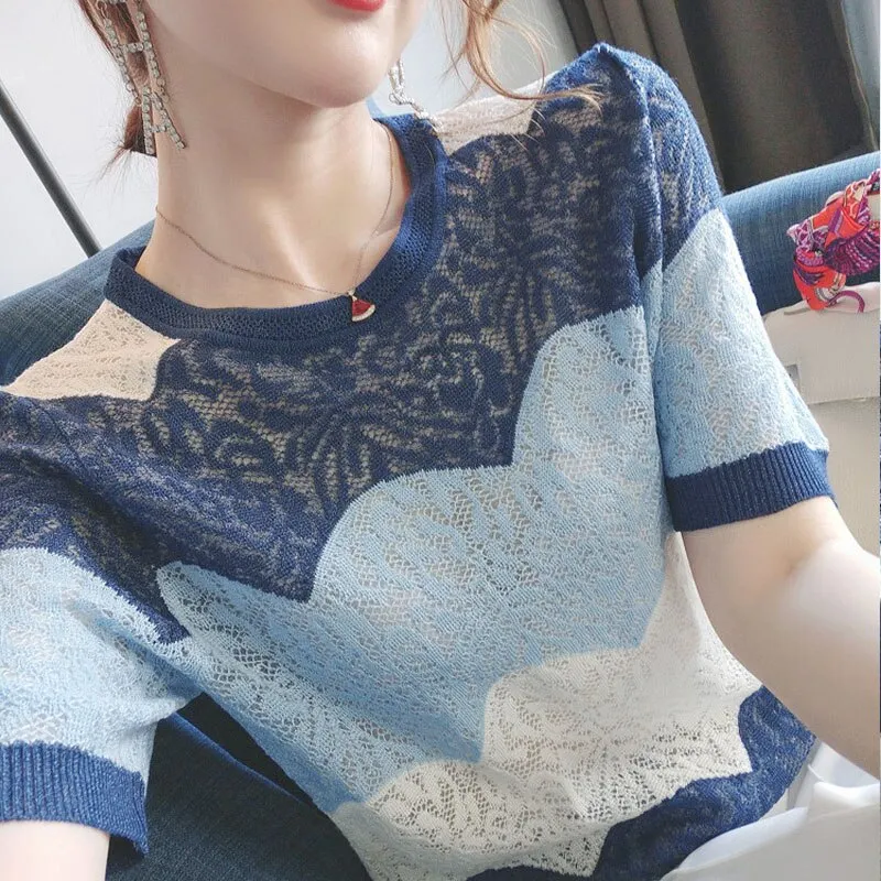 Summer New Elegant Patchwork Blue Fashion and Age Reducing Girls' Blouse Hollow Out Ice Silk Knitted Short Sleeve Shirt 14657