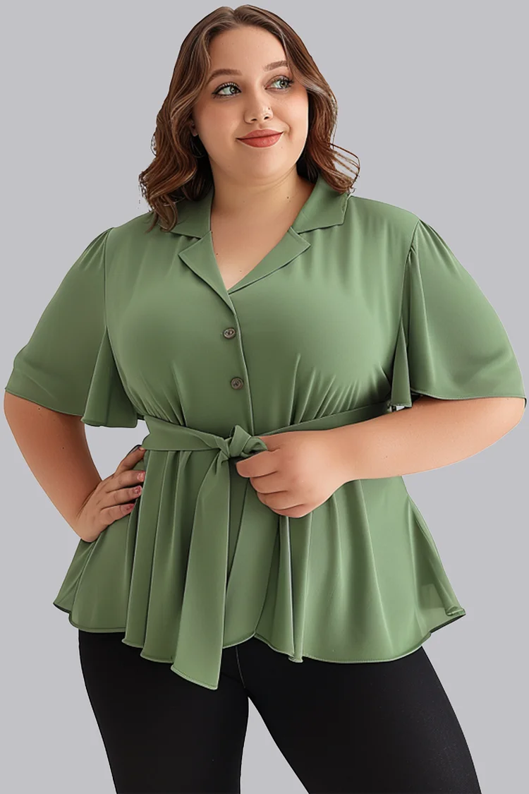 Flycurvy Plus Size Everyday Bean Green Turndown Collar Lace Up Blouse  Flycurvy [product_label]
