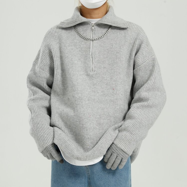 Winter Lapel Zipper Knitted Sweater Simple All-Match Knitted Base Large Size Loose Men Sweaters