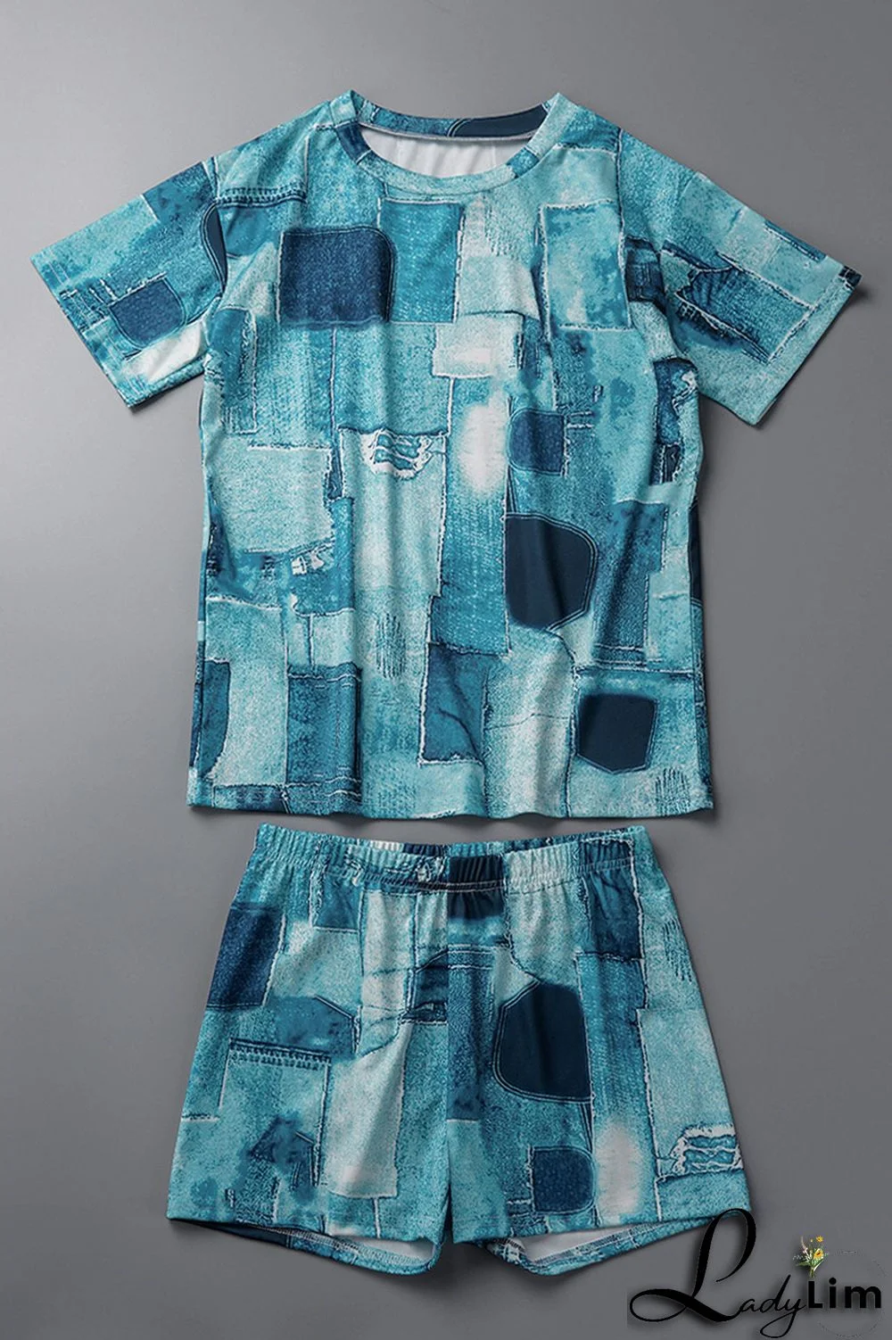 Black Casual Print Patchwork O Neck Short Sleeve Two Pieces