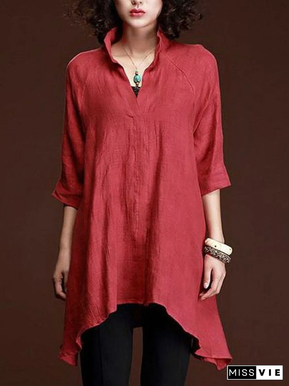 Women Casual 3/4 Sleeve V Neck Solid Plus Size Tops