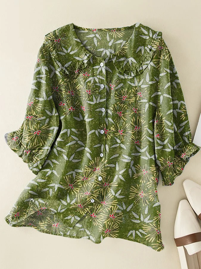 Japanese Floral Cotton and Linen Peter Pan Ruffle Collar Shirt