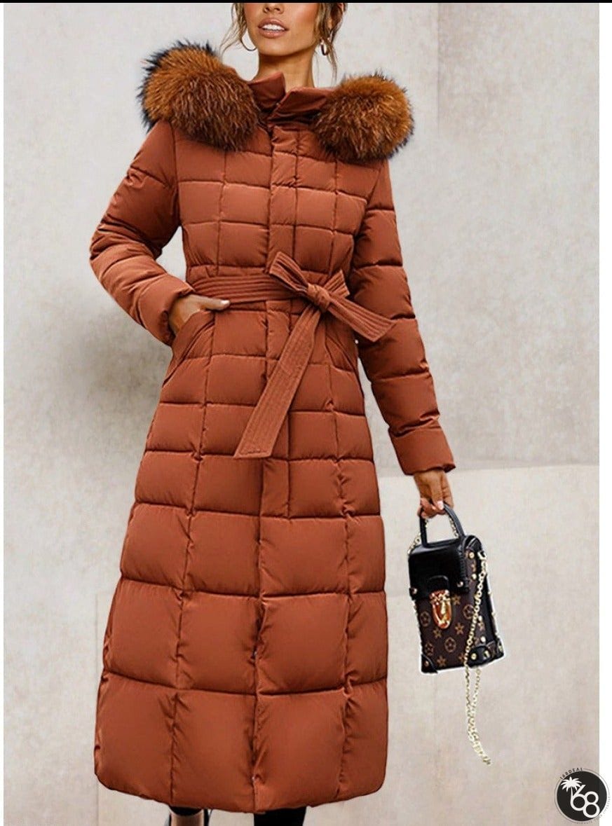 Hooded Fur Collar Belt Plain Coat | 168DEAL