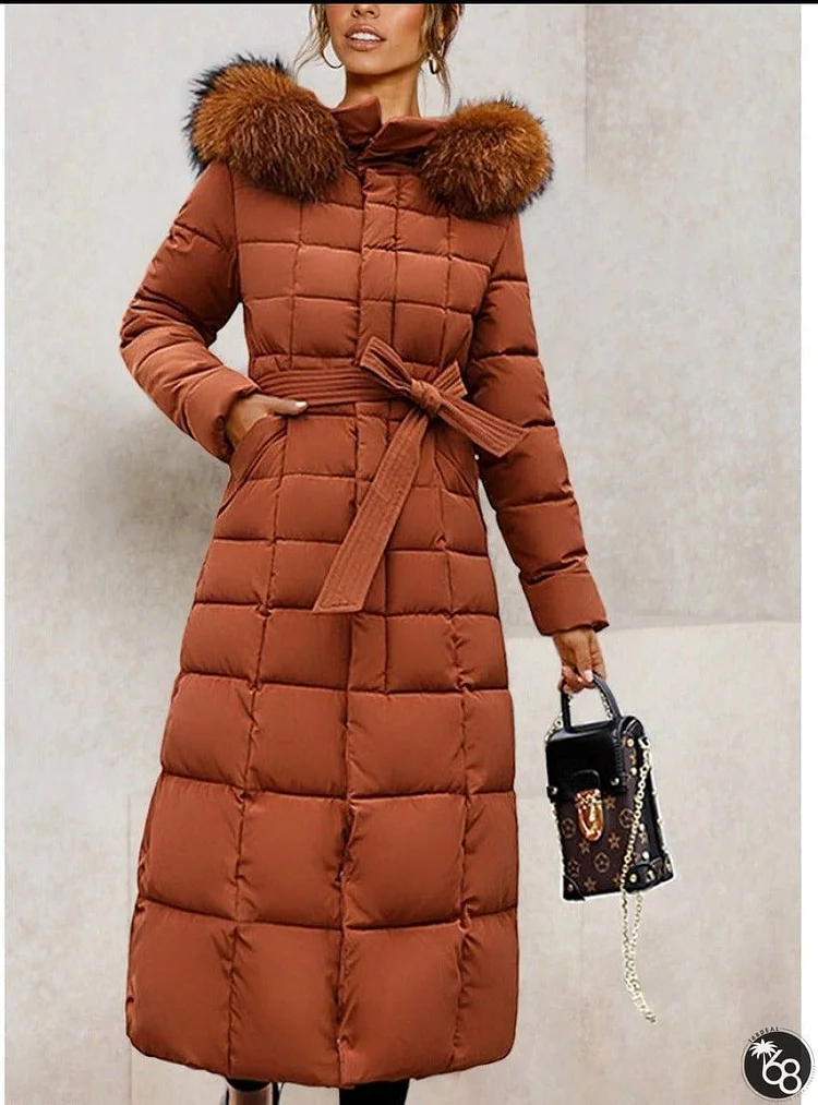 Hooded Fur Collar Belt Plain Coat | 168DEAL