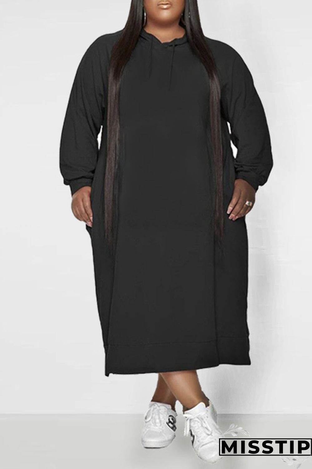 Black Casual Solid Patchwork Hooded Collar Straight Plus Size Dresses