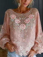 Women's Romantic Floral Embroidered Art Print Flowy Linen Blend Casual Tops