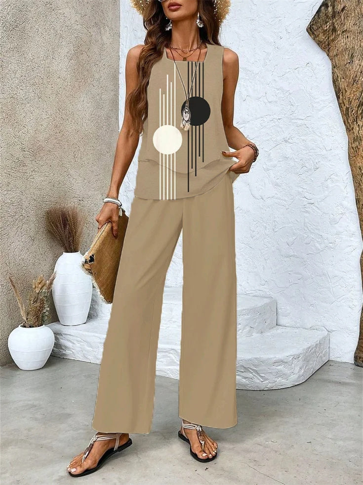 Women's Sleeveless Square Collar Geometric Graphic Printed Casual Set