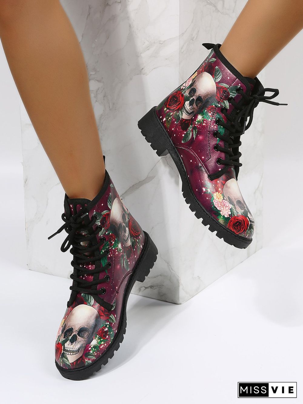 Floral Street All Season Printing Party Low Heel Lace-Up Non-Slip Classic Boots Boots for Women