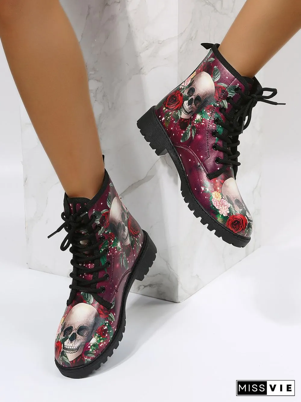 Floral Street All Season Printing Party Low Heel Lace-Up Non-Slip Classic Boots Boots for Women