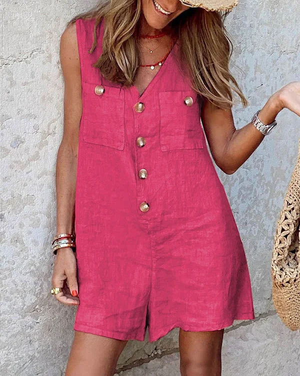 Stylish Double Pockets V Neck Linen Rompers