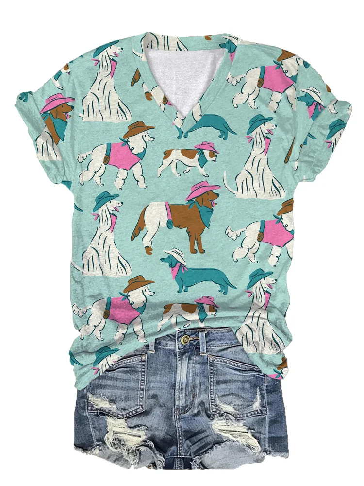 Women's Vintage Western Cowboy Dog Print T-Shirt