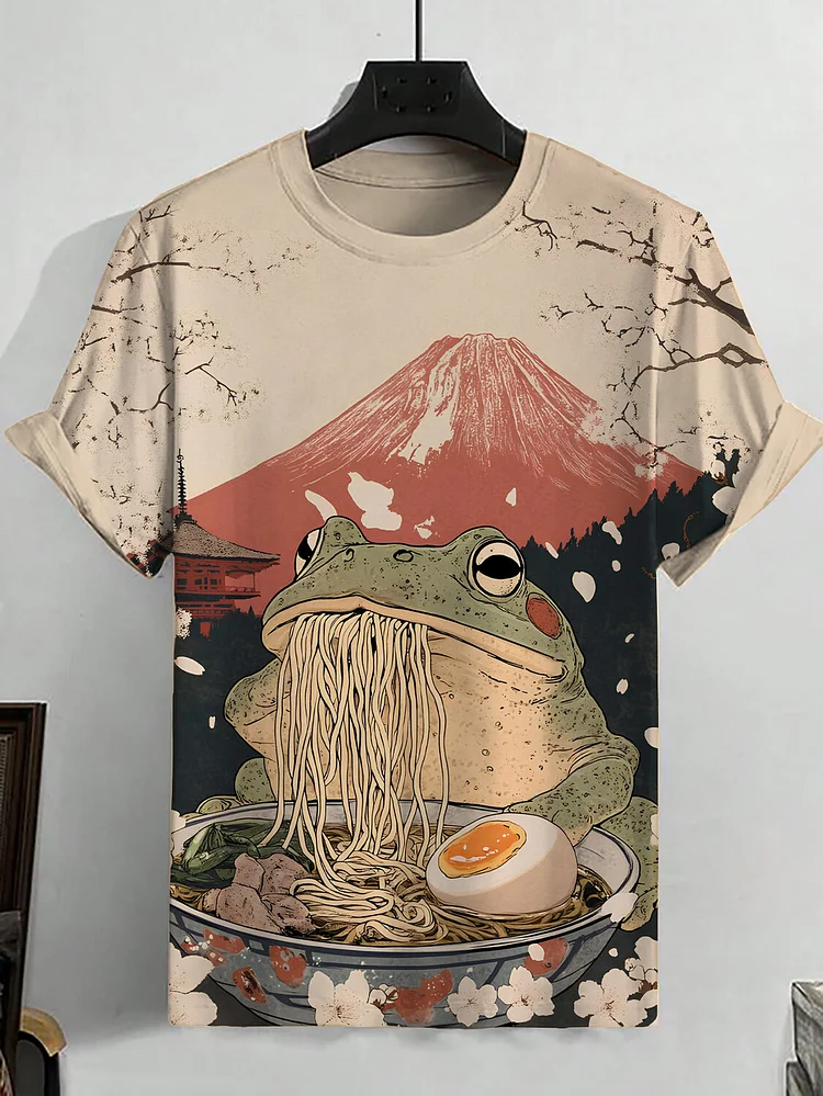 Men's Frog Enjoying Ramen Print Casual T-Shirt