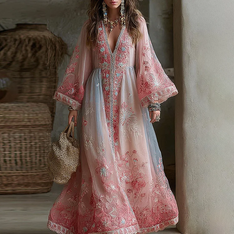 Vintage Gradient Roses Embroidered V Neck Comfy Maxi Dress