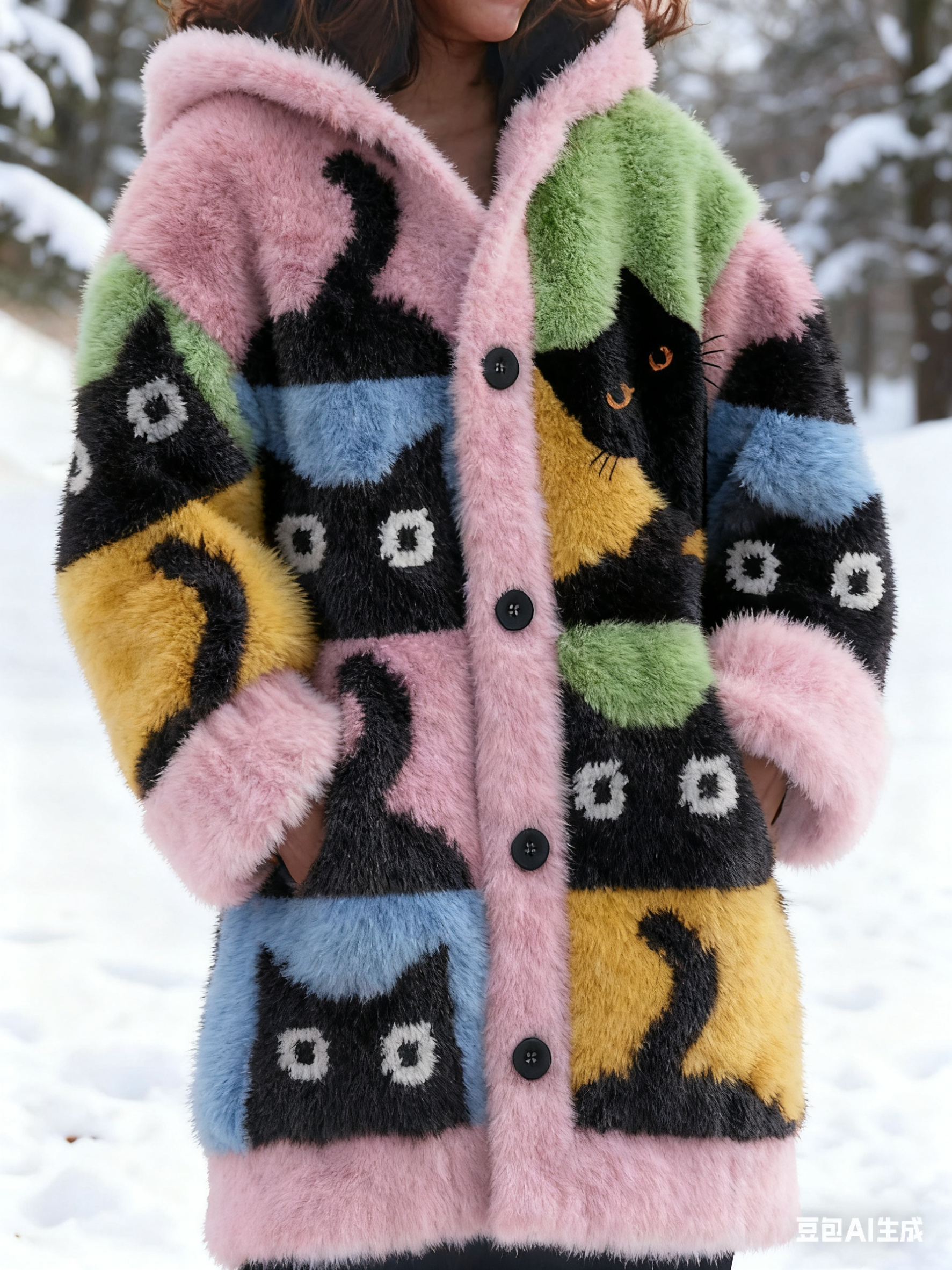 Cute Cozy Cats In Patchwork Art Cozy Knit Hooded Cardigan elevenforest
