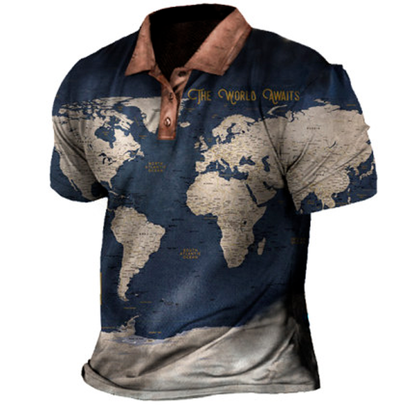 Men's Vintage  Map Print Short Sleeve Henley T Shirt