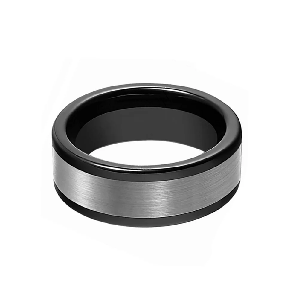 8MM Men Flat Black Tungsten Carbide Ring Brushed Silver Finish