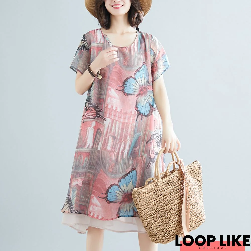 Loose Slimming Plus Extra-Large Size Chiffon Short Sleeve Dress For Middle-Aged Women