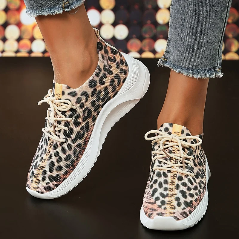 Zhungei Leopard Knitted Sneakers for Women 2024 Autumn Slip On Walking Shoes Woman Lightweight Casual Sport Sneakers Plus Size