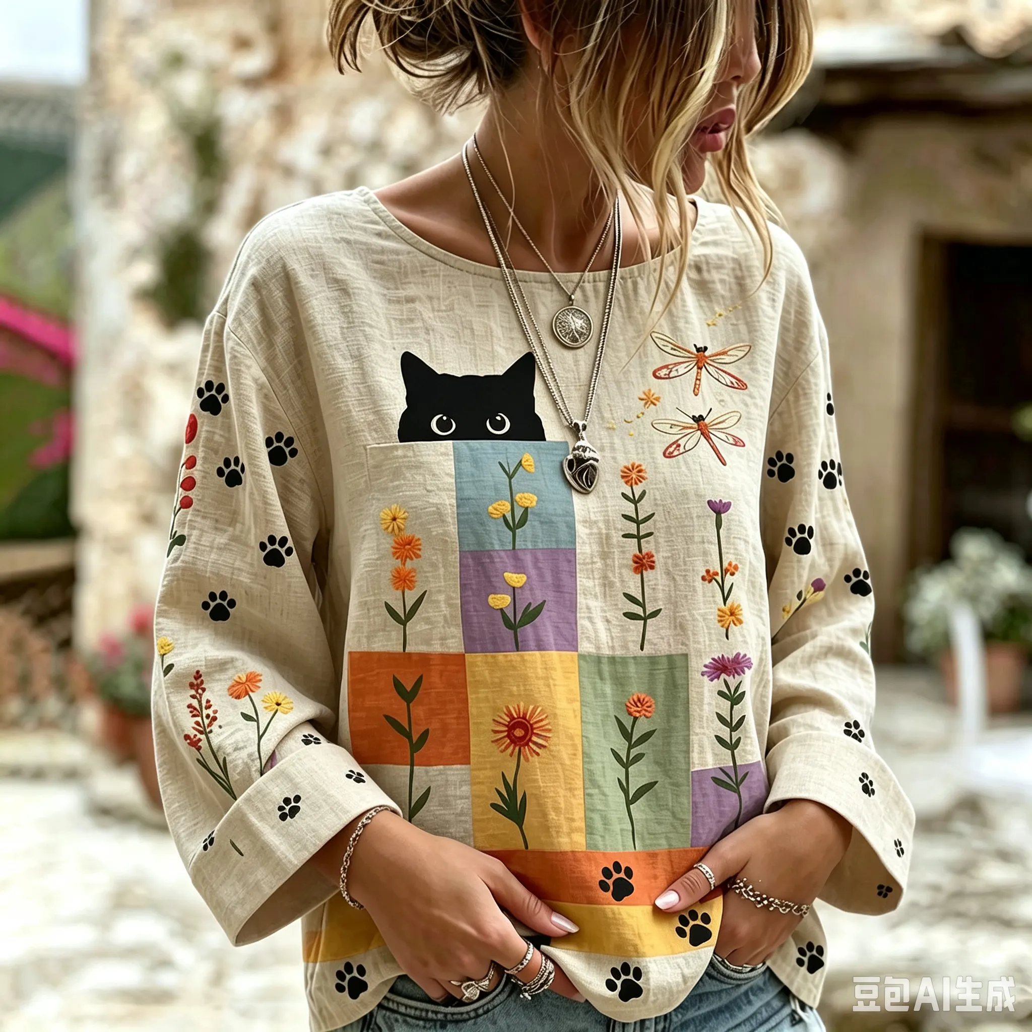 Comstylish Women's Vintage Hippie Cute Cat In Patchwork Art Linen Blend Round Neck Long Sleeve Tshirt