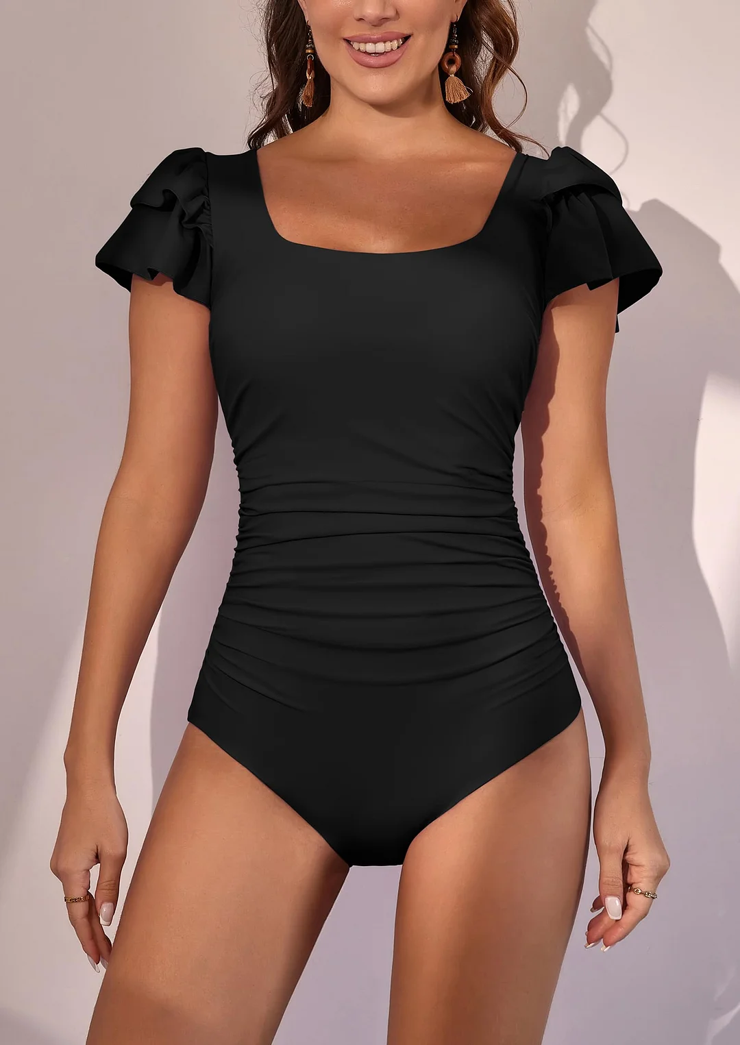 Ruffle Square Neck Tummy Control One Piece Swimsuit