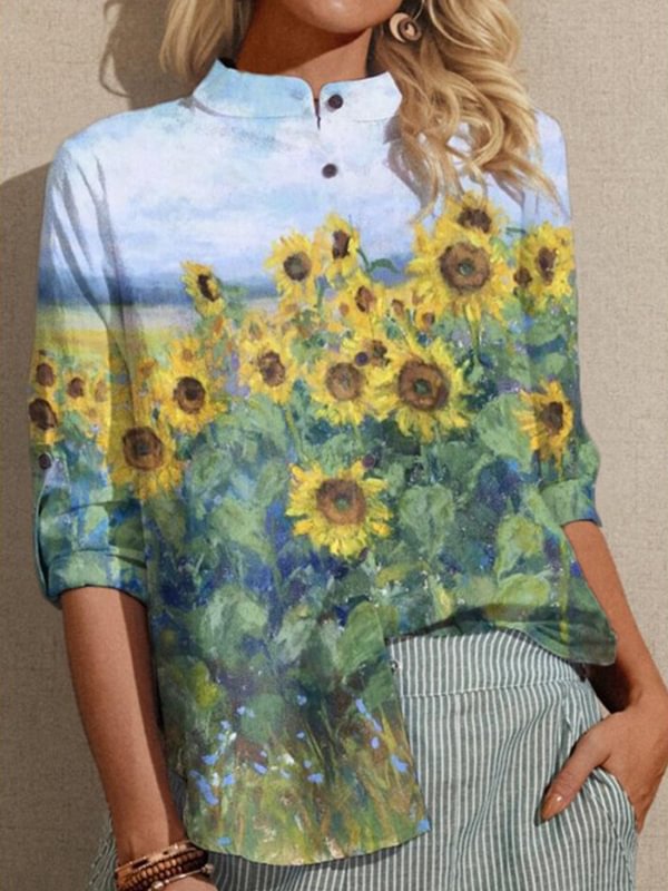 Sunflower Printed Stand Collar Blouse