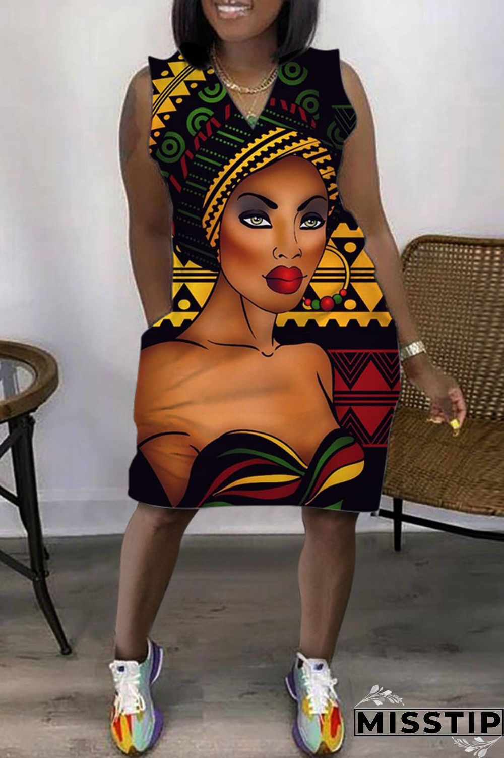 Cyan Casual Print Basic V Neck Sleeveless Dress Dresses