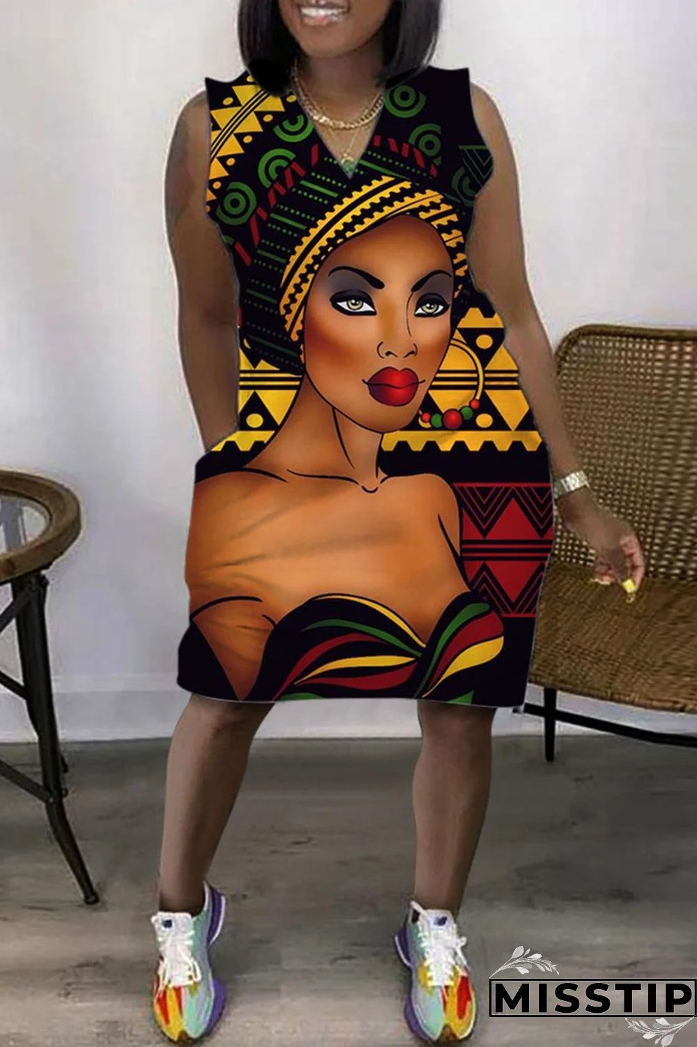 Cyan Casual Print Basic V Neck Sleeveless Dress Dresses