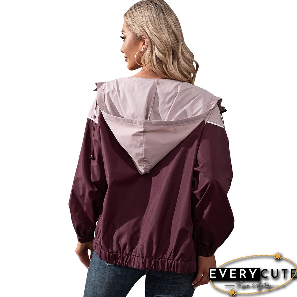 Wine Red Contrast Outdoor Rainproof Hooded Jacket