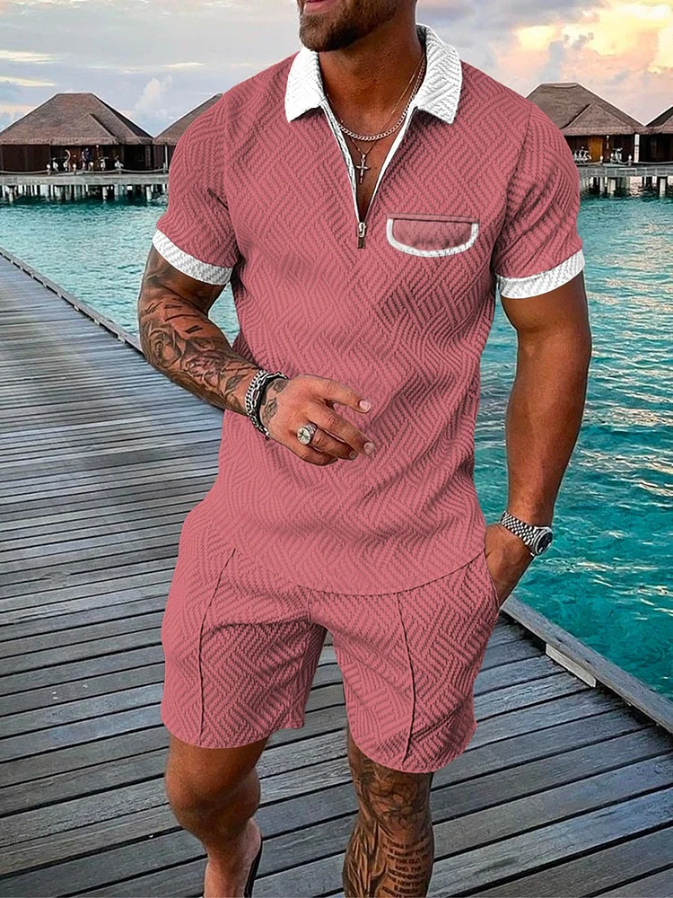 Men's Solid Color Zip Polo Shirt and Shorts Two-Piece Suits