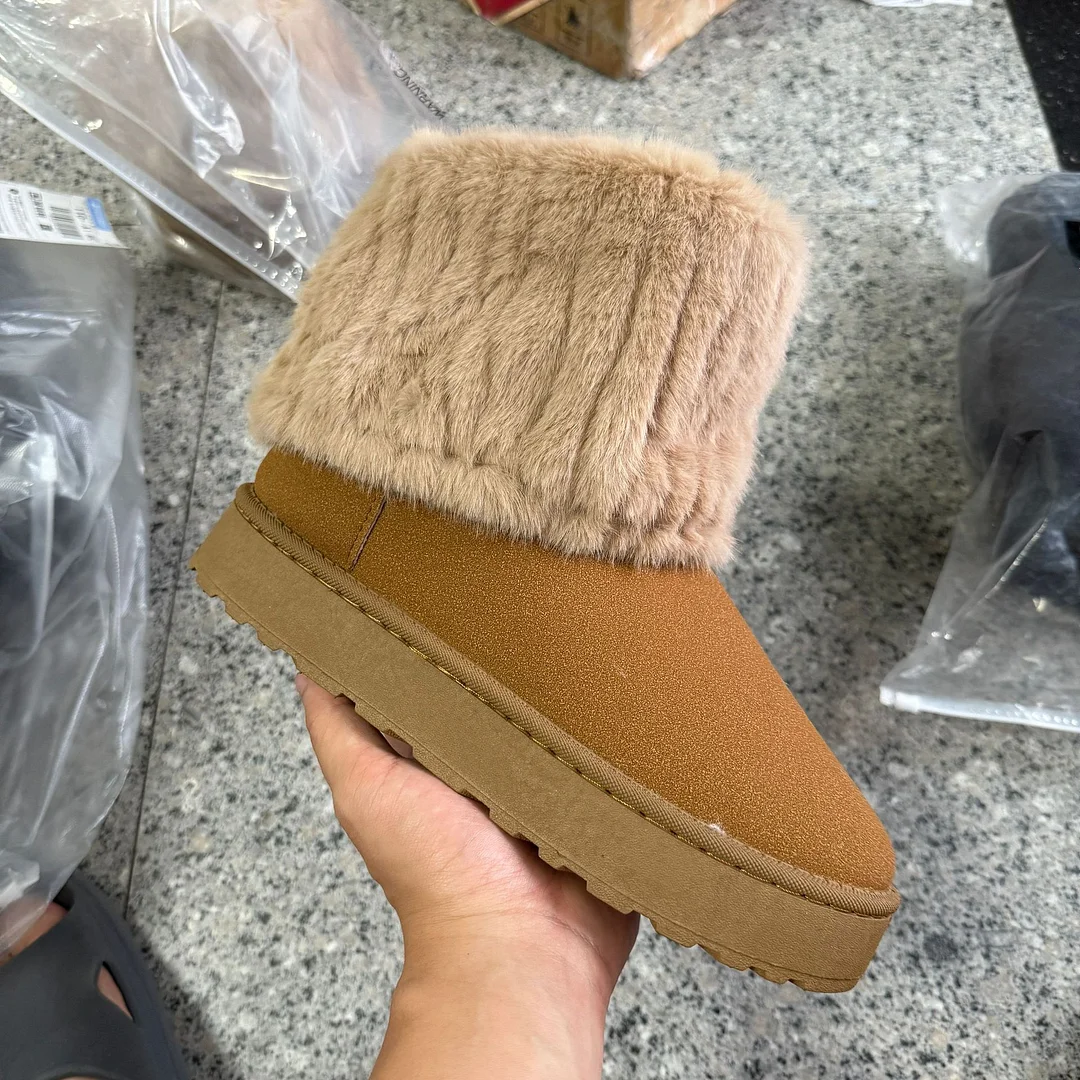 Breakj Breakj Long-Boel Lady Fur Snow Boots Short Fur Filial Flat Bottoms To Keep Warm Snowy Cotton Shoes Warm
