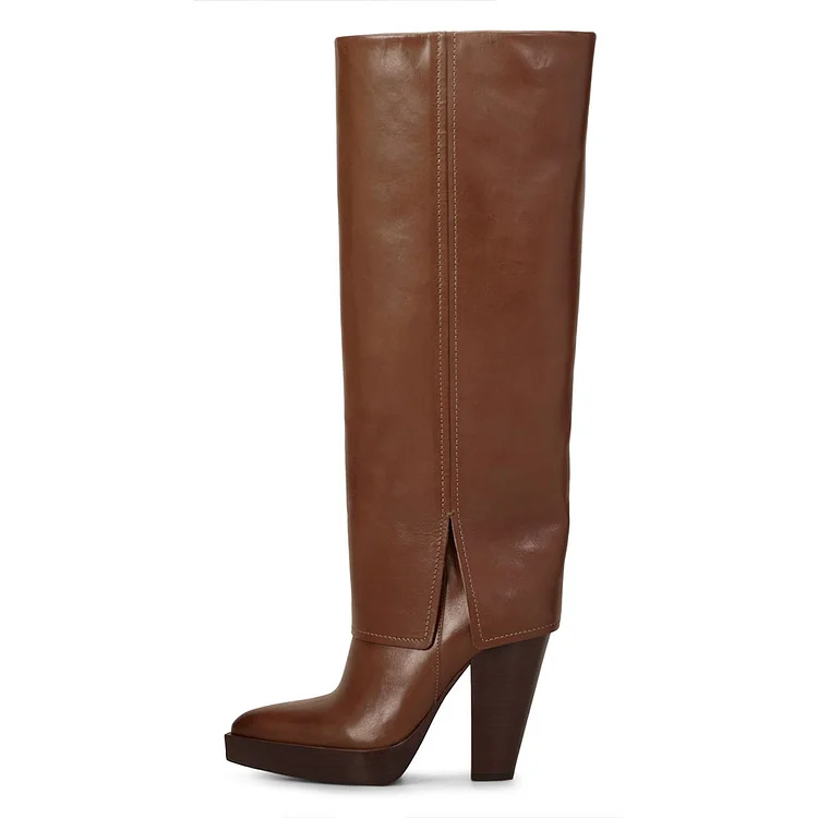 Brown Pointed Toe Fold-over Platform Knee High Boots with Block Heel |FSJ Shoes