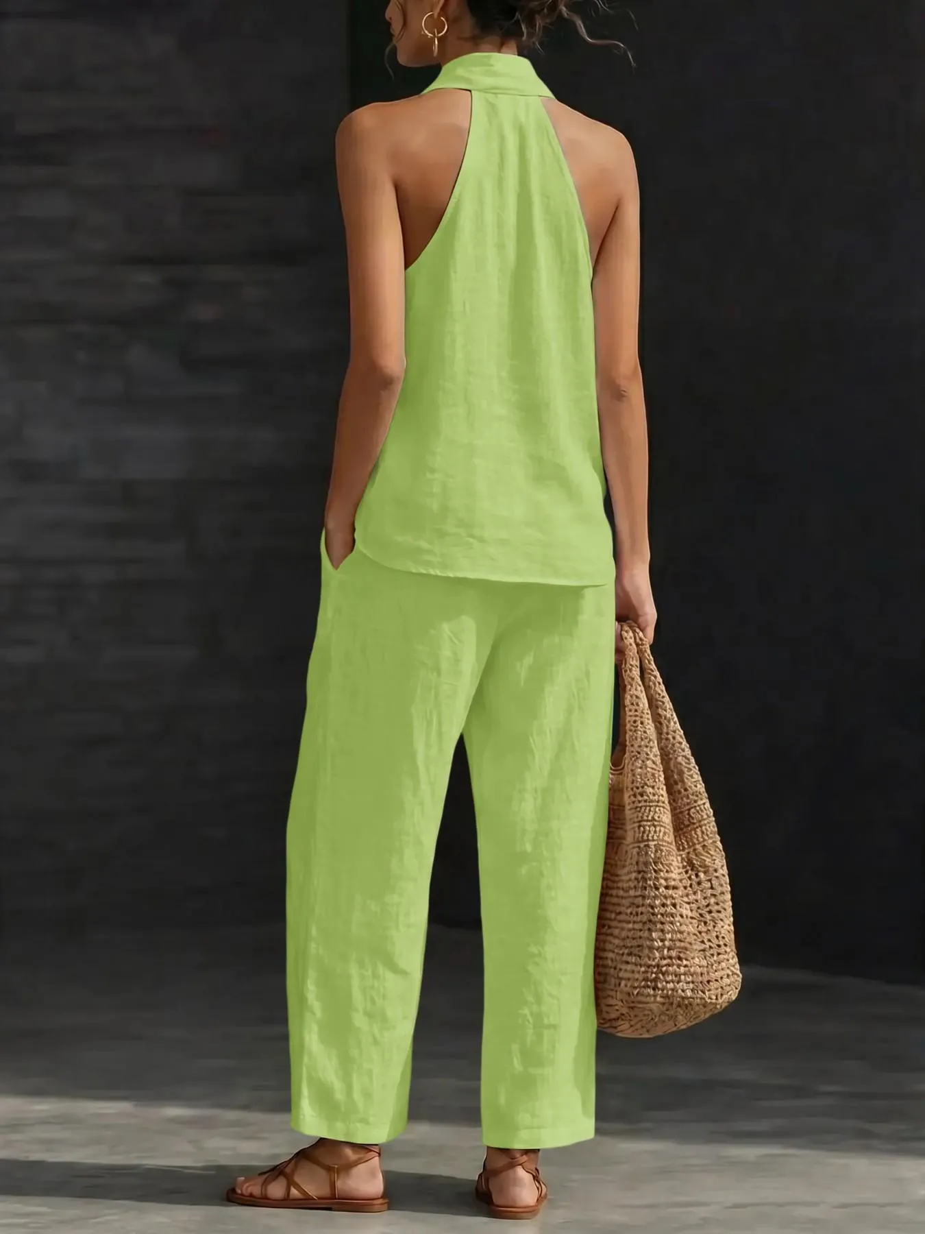 Comfy Chic Women's Summer Faux Linen Halter  V-Neck Top & High Waist Wide Leg Pants Set - Breathable Everyday Urban Lounge Wear for Going Out