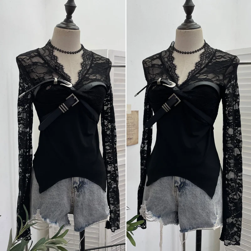 Nigikala Nigikala Shooting Babes V-Neck Lace Lace Splicing Belt Long Sleeve Design Irregular Short Bottom Top 2752
