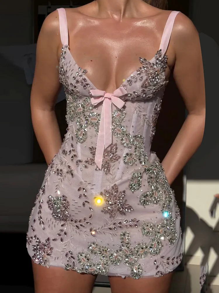 Sleeveless Spaghetti-Neck Flower Rhinestone Mesh Mini Dresses Party Dresses