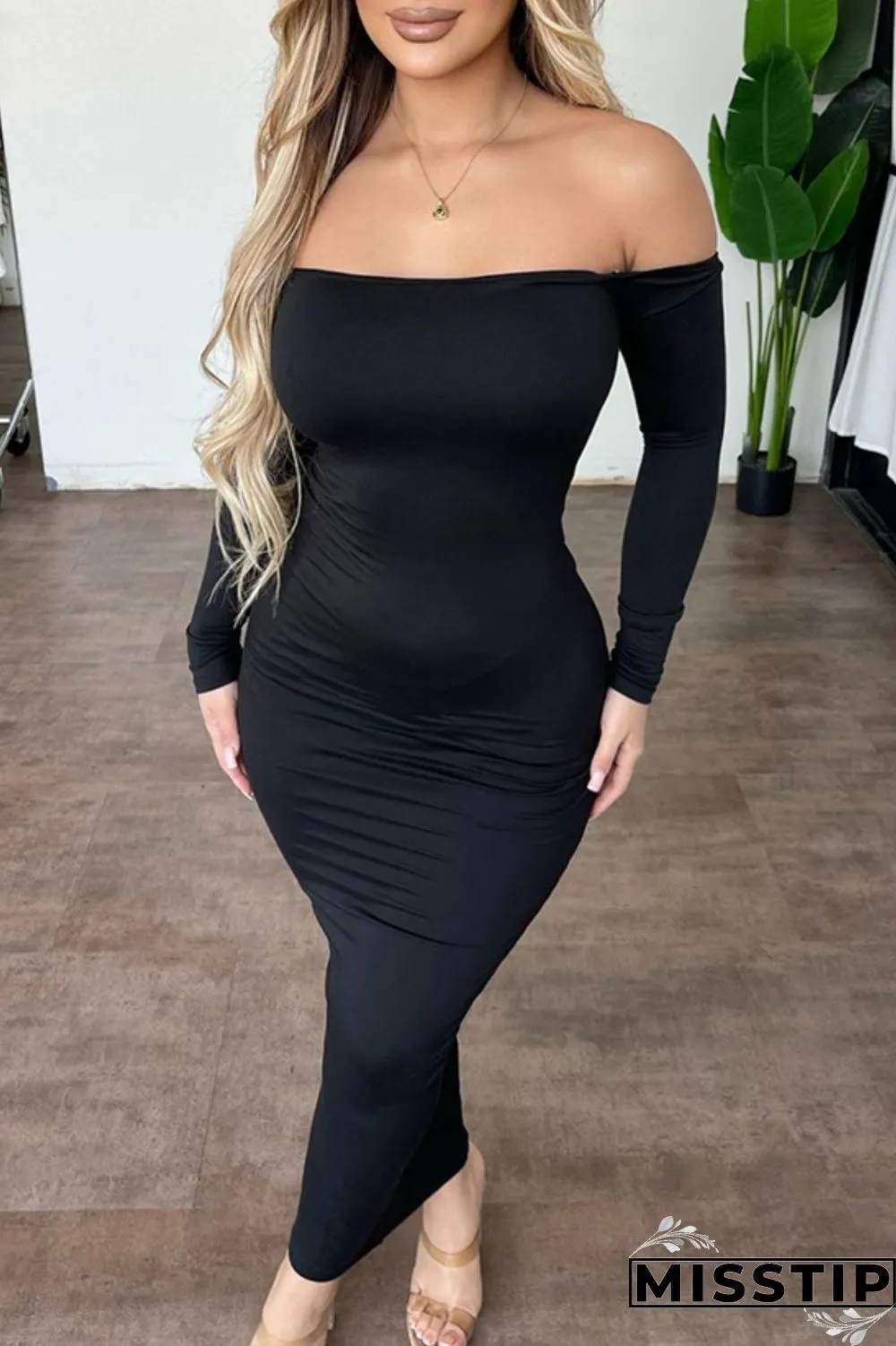 White Casual Solid Basic O Neck Long Sleeve Dresses