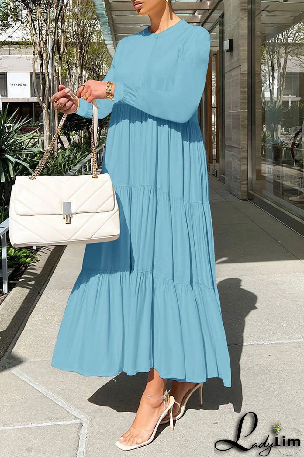 Apricot Casual Solid Patchwork Fold O Neck Straight Dresses