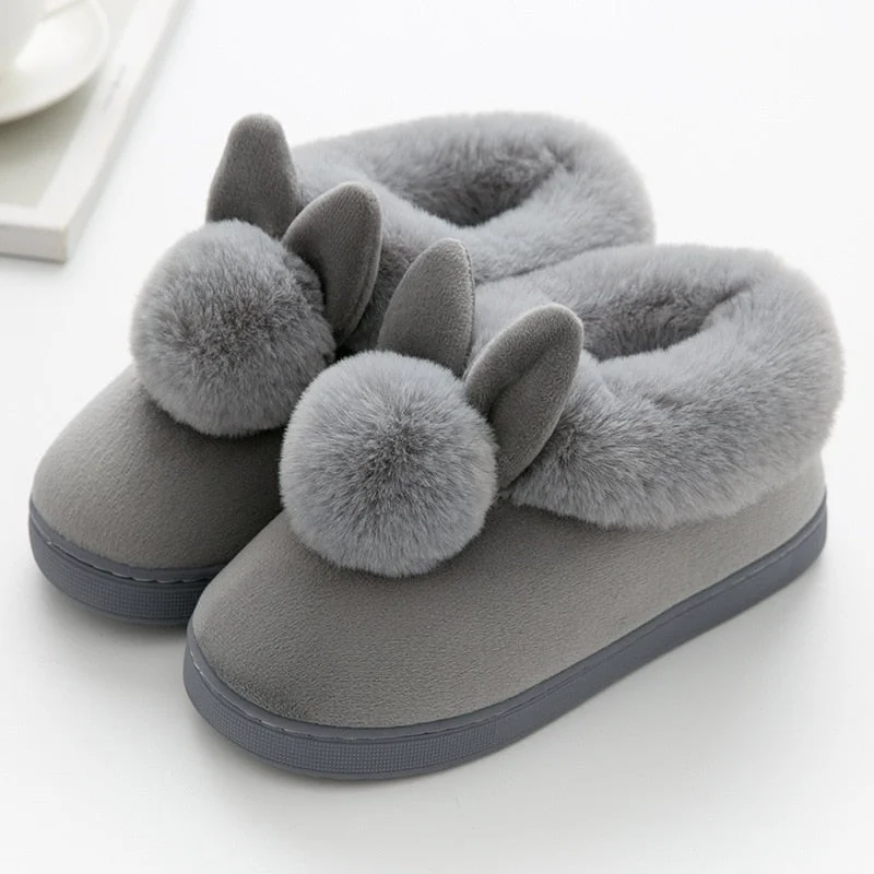 FONGIMIC Women Winter Slippers Warm Cute Cotton Slippers Ladies Autumn Velvet Home Floor Thick Bottom Cartoon House Rabbit Shoes