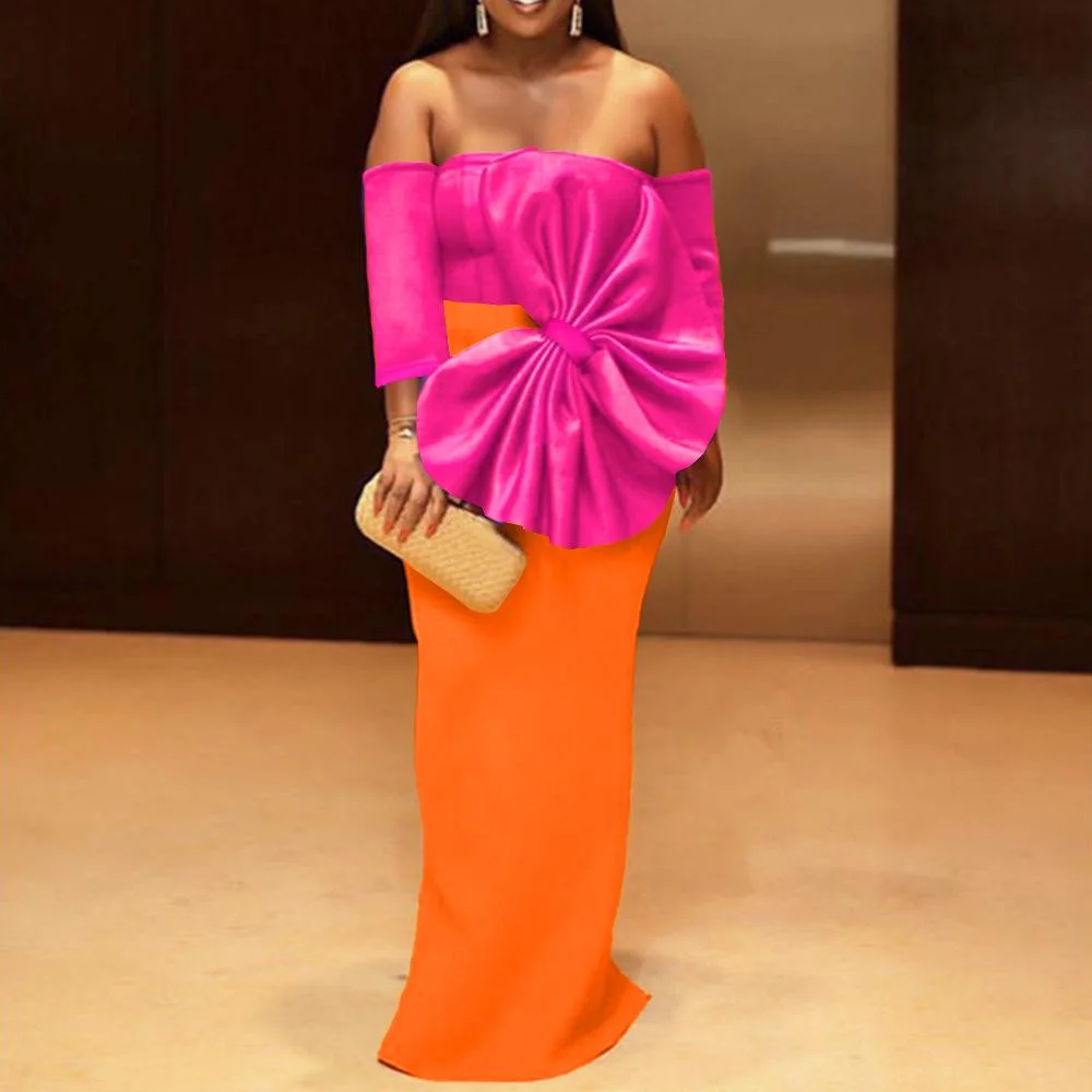 Fashion Contrast Color Half Sleeve Large Bow Embellished Slim Maxi Dress