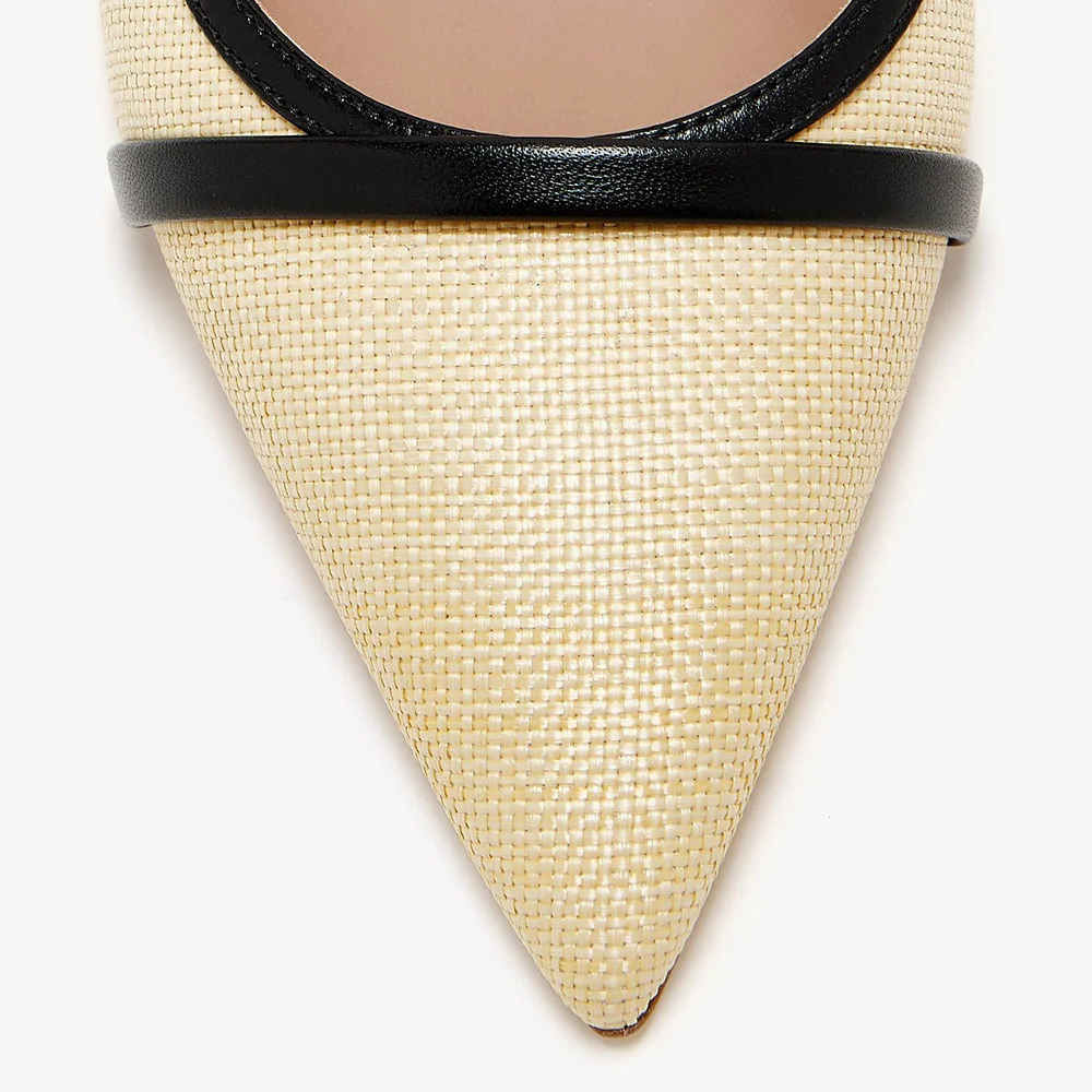 Beige Raffia Pointed Toe Kitten Heel Elegant Slingback Pumps