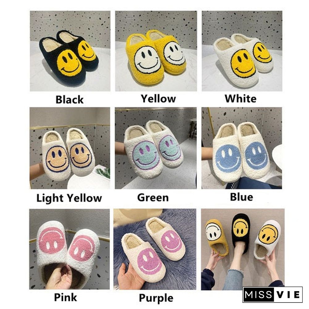 Winter House Girls Fur Slippers Cute Smiley Pattern Women Fluffy Warm Bedroom Ladies