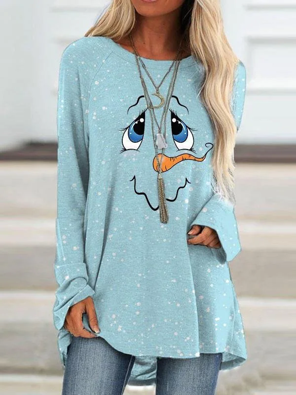 Cute Snowman Faces Pattern Women Light Blue Longline T-shirt